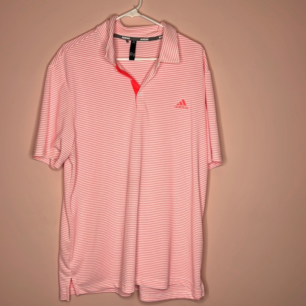 Adidas Men's Orange and White Striped Polo
